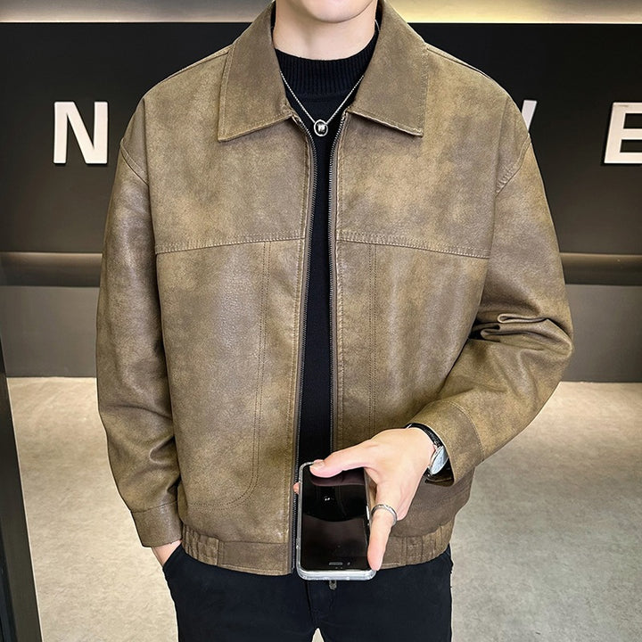 Herren Oversize Utility-Bomberjacke aus Kunstleder mit geripptem Saum und Hemdkragen Drune