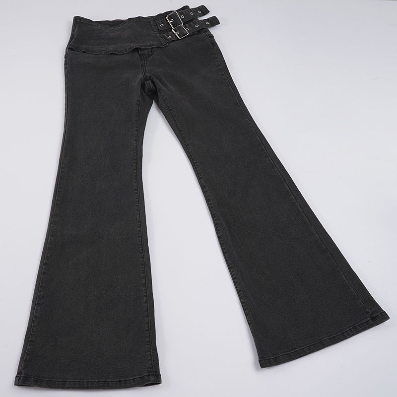Damen High-Waist Bootcut-Jeans mit asymmetrischem Bund und Doppel-Schnallenverschluss Drune
