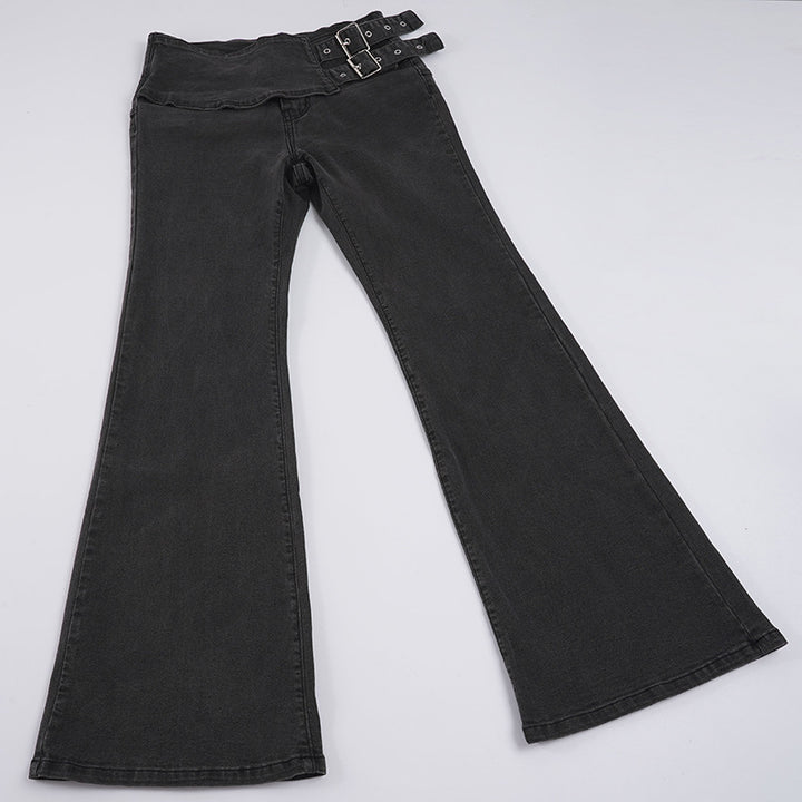 Damen High-Waist Bootcut-Jeans mit asymmetrischem Bund und Doppel-Schnallenverschluss Drune