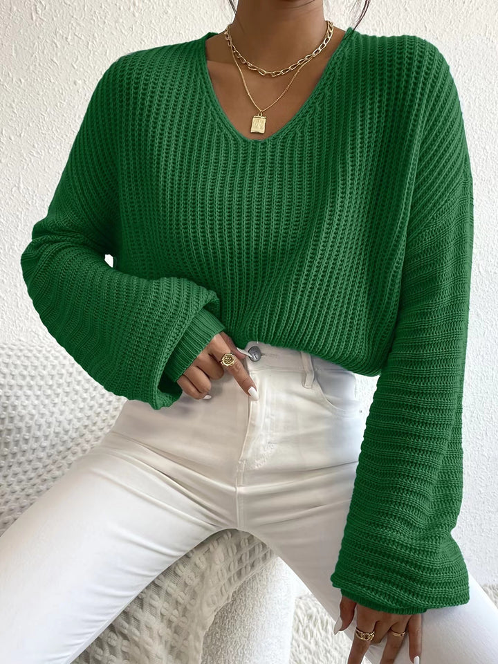Damen lässiger Strickpullover mit weitem V-Ausschnitt und oversize Ärmeln Drune