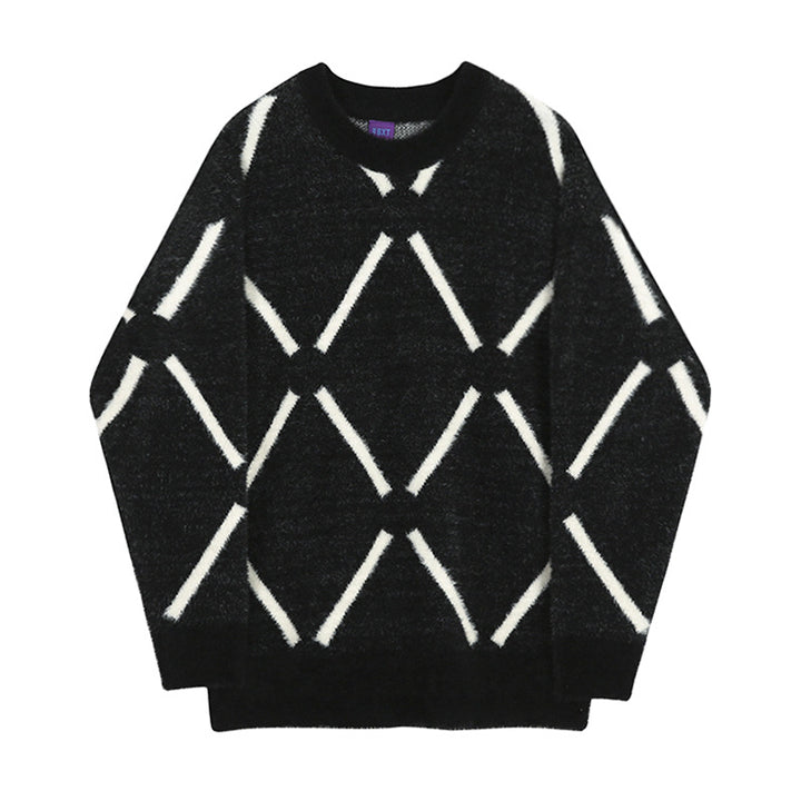 Herren Oversized Flauschiger Strickpullover mit Rautenmuster Drune