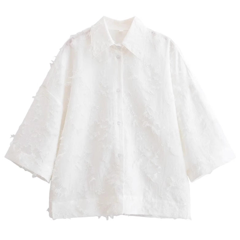 Damen 300+ oversized strukturierte Bluse mit Fransenoptik und dreiviertelärmeln Drune