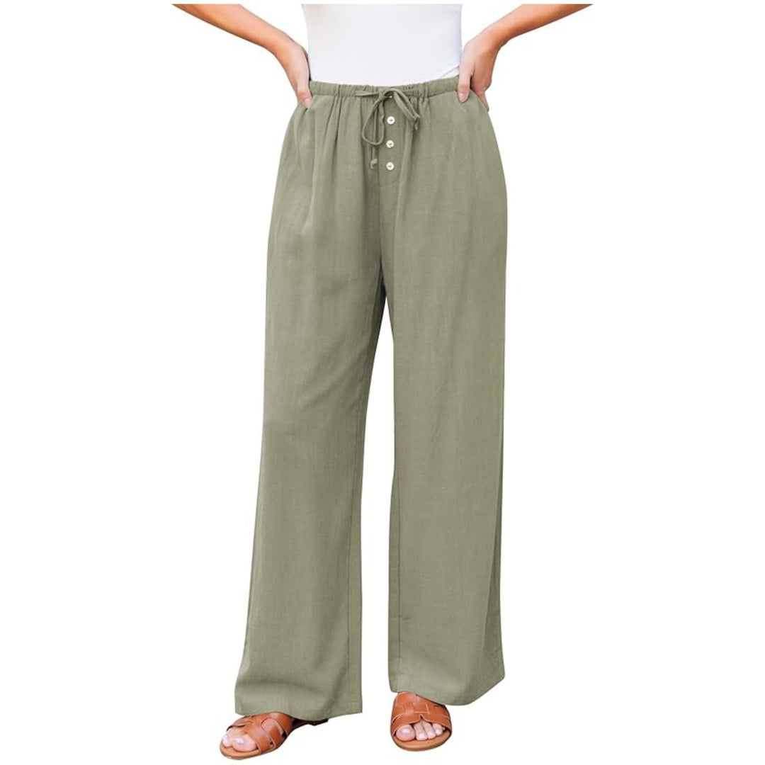 Damen weite Leinenhose mit elastischem Bund, Kordelzug und Knopfleiste Drune