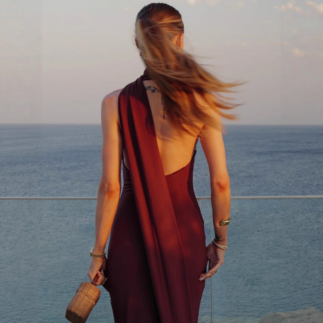 Damen Elegantes Maxikleid mit innovativem Wickeldesign und asymmetrischem Halterhals Drune