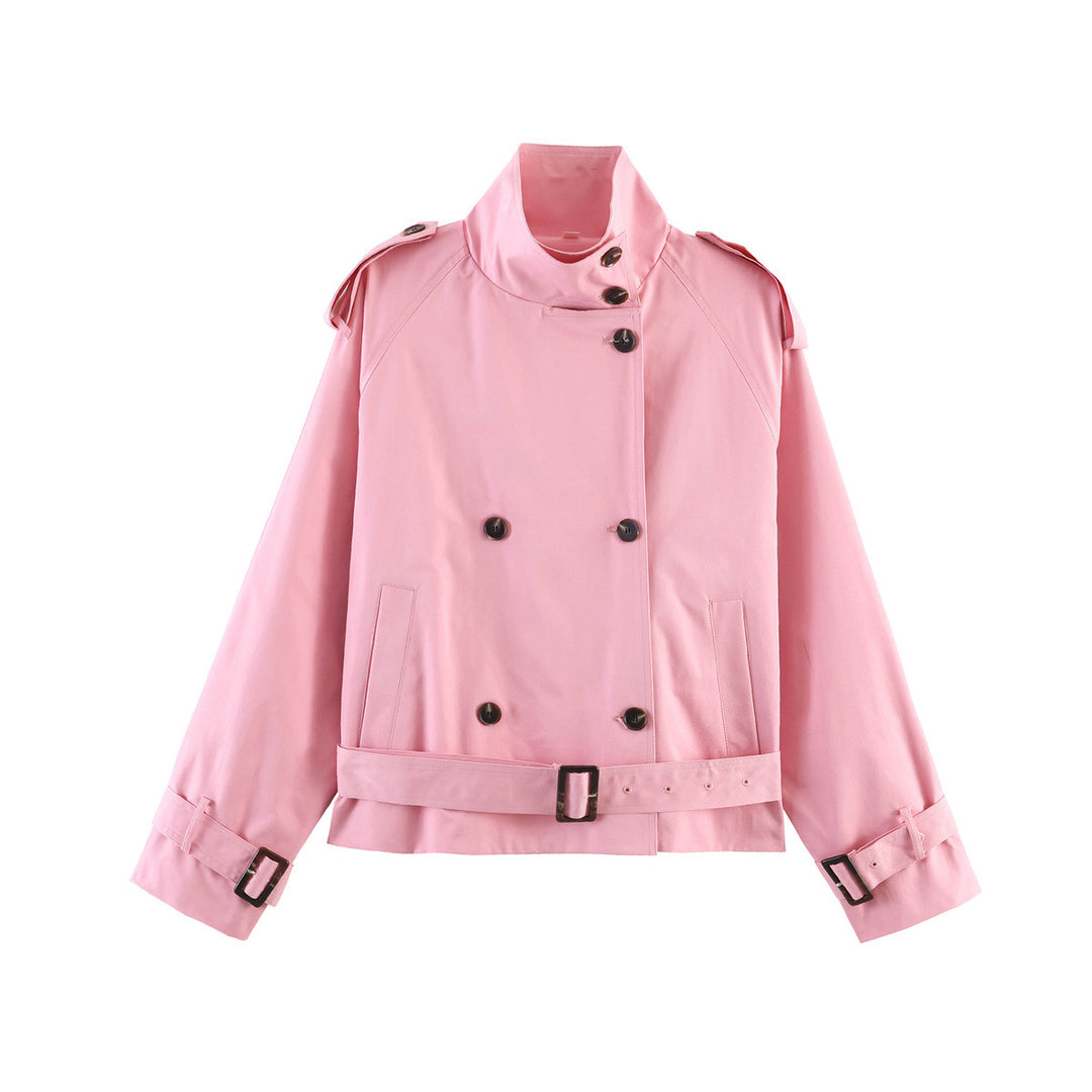 Damen 20+ kurzer Doppelreiher Trenchblouson im Boxy‑Cut mit Stehkragen Schulterklappen und verstellbarem Taillengürtel Drune