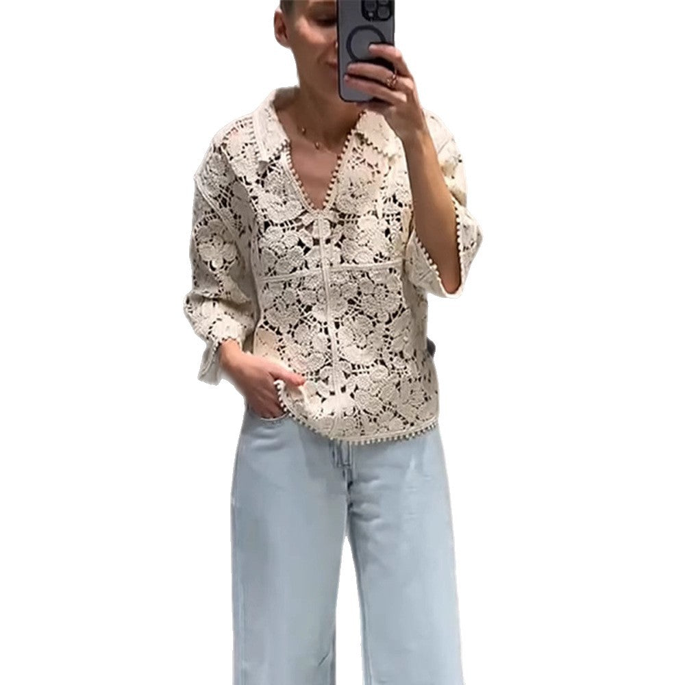 Damen Gehäkelte Bluse mit floralem Ajourmuster und dreiviertel Ärmeln Drune