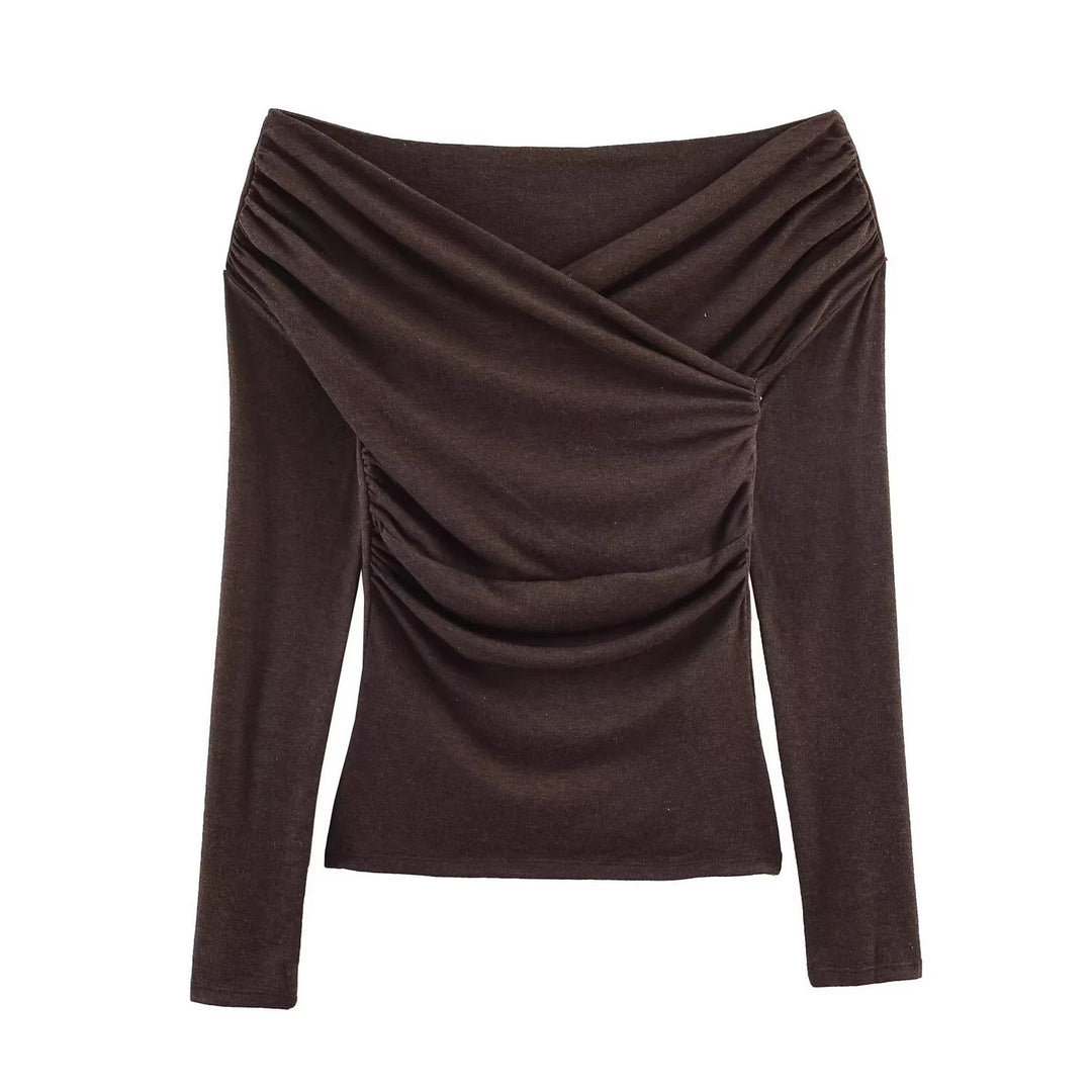 Damen Schulterfreies gerafftes Langarmtop mit Wickel‑Drapierung Drune