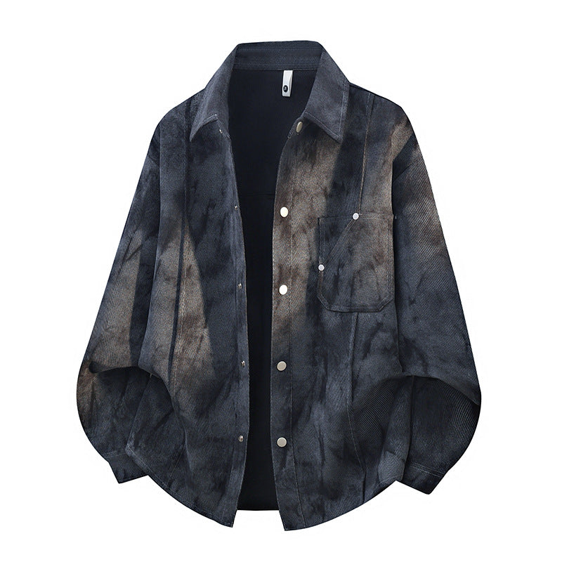 Herren oversized Cord-Workshirt im Batik-Look mit Druckknopfleiste Drune