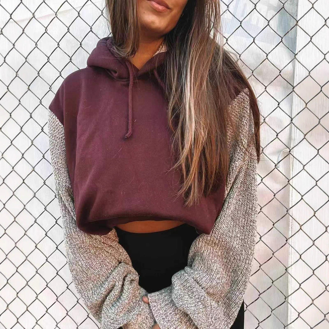 Damen nan Kapuzen-Cropped-Pullover mit weitgeschnittenen Strickärmeln und Kordelzug Drune
