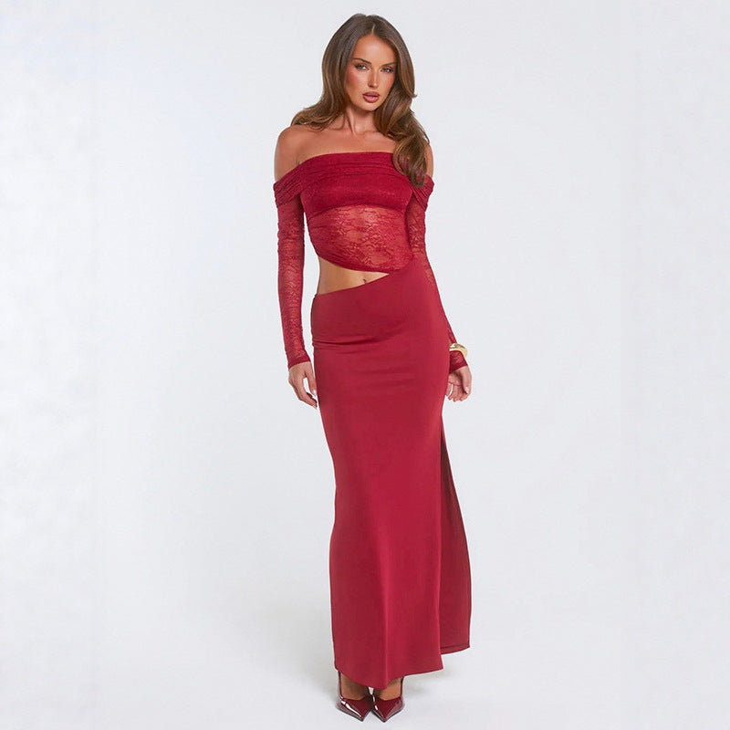 Damen elegantes Off-Shoulder-Maxikleid mit asymmetrischem Schnitt und transparenter Spitze Drune