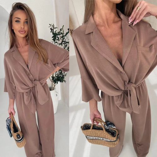 Damen lässiger Jumpsuit mit Bindegürtel und weit geschnittenen Beinen Drune