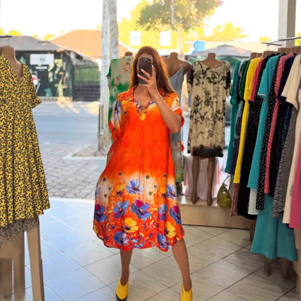 Damen nan leichtes Hemdblusenkleid mit floralem Bordürenprint, offenem V‑Ausschnitt und Einschubtaschen Drune