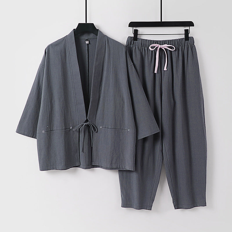 Unisex Kimono-Lounge-Set mit Kurzjacke und elastischer Kordelhose Drune