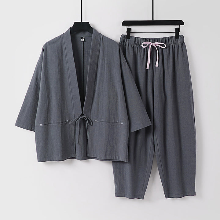 Unisex Kimono-Lounge-Set mit Kurzjacke und elastischer Kordelhose Drune