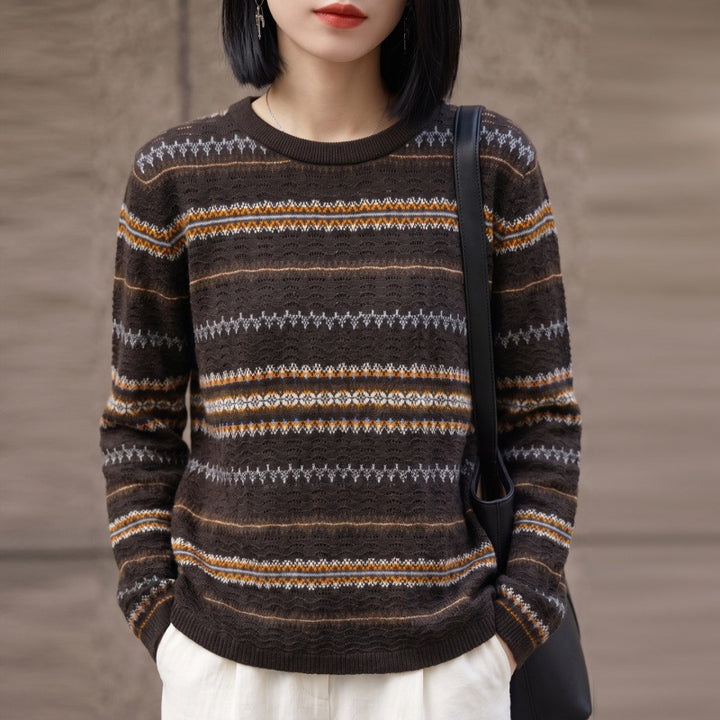 Damen Leichter Rundhals-Pullover im Norwegerstreifen-Design mit strukturierter Ajouroptik Drune