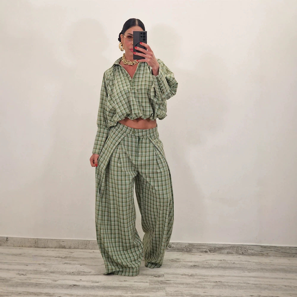 Damen Zweiteiliges kariertes Set mit Cropped Oversize-Hemd und weiter Bundfaltenhose Drune