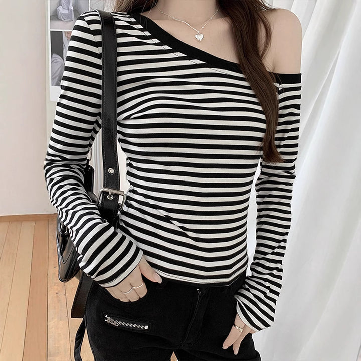 Damen Off-Shoulder Oberteil mit modischem Streifenmuster und figurbetontem Schnitt Drune