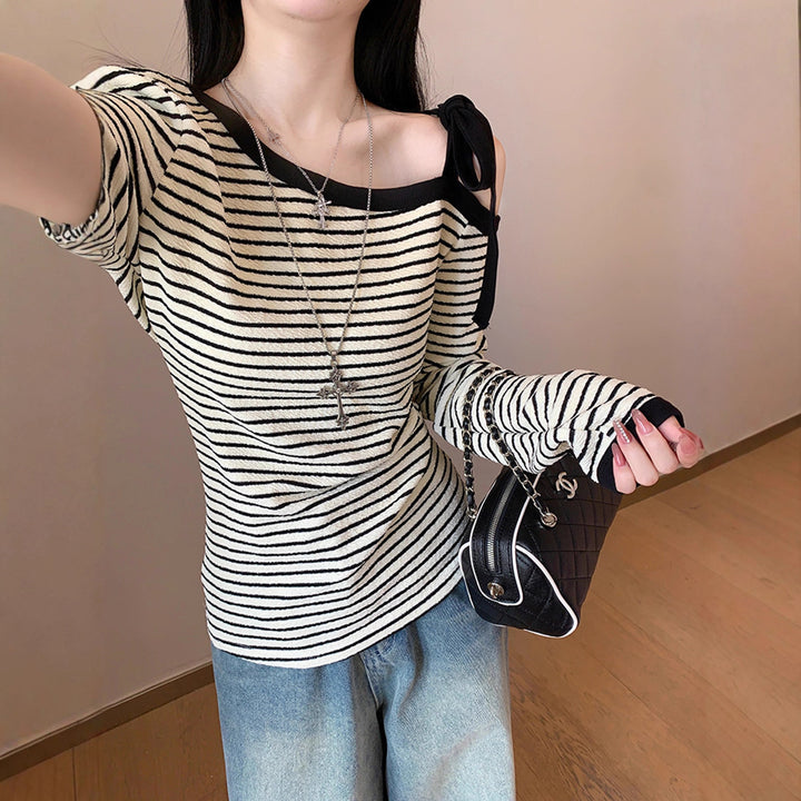 Damen Langarm-Top mit schulterfreiem Design und modischen Streifen Drune