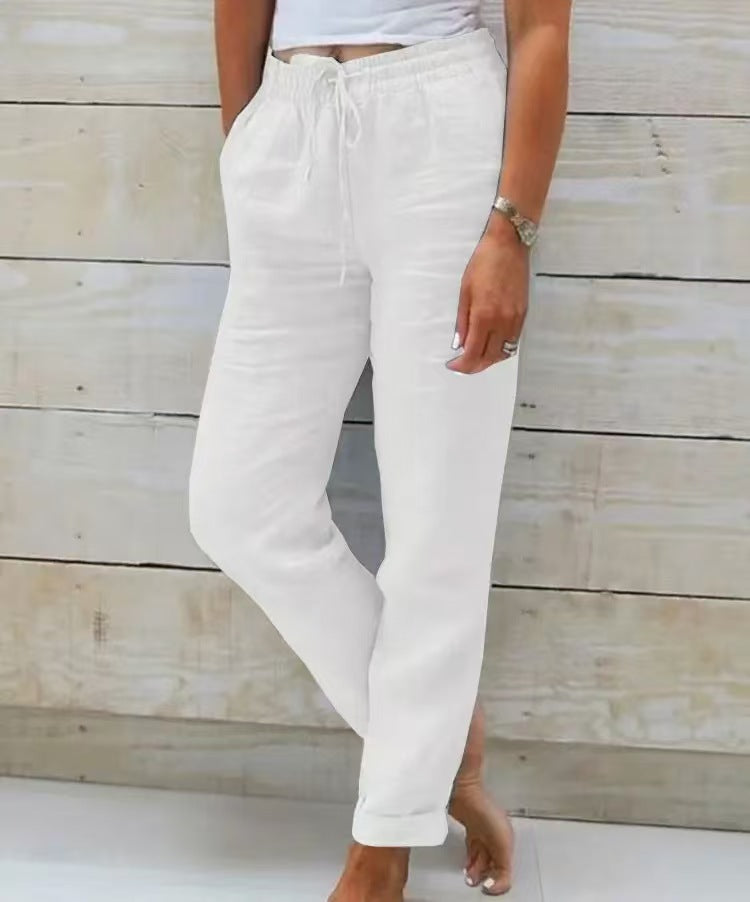 Damen nan lässige Leinenhose mit elastischem Bund Kordelzug und Seitentaschen Drune