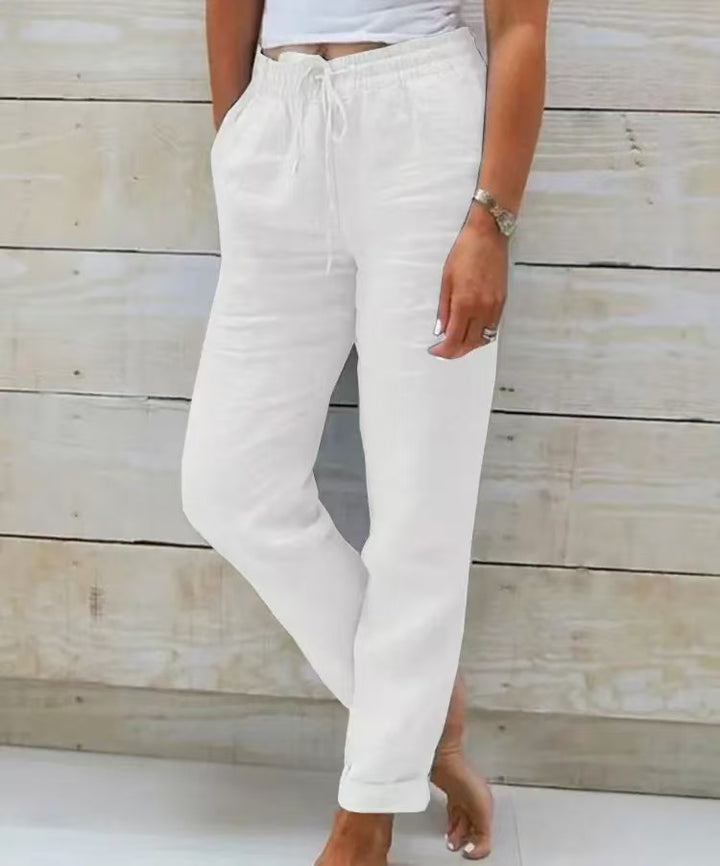 Damen nan lässige Leinenhose mit elastischem Bund Kordelzug und Seitentaschen Drune