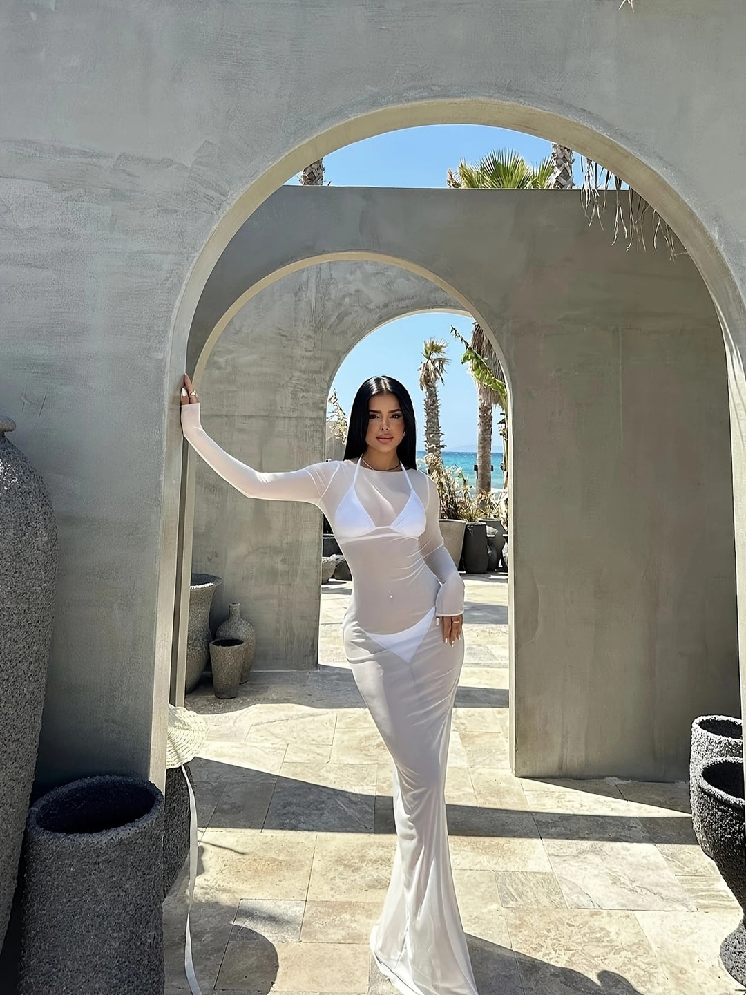 Damen Transparente Strandrobe mit langen Ärmeln und schickem Schnitt Drune