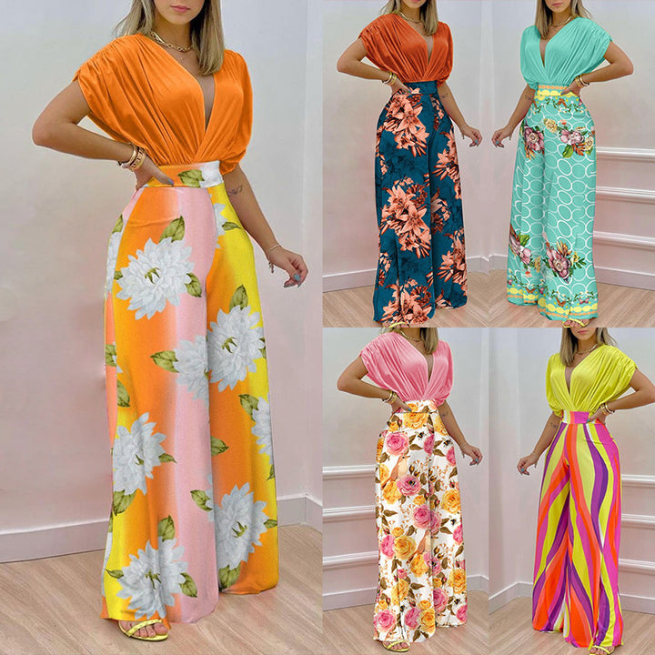 Damen Eleganter Jumpsuit mit tiefem V-Ausschnitt und weit geschnittenen Beinen Drune