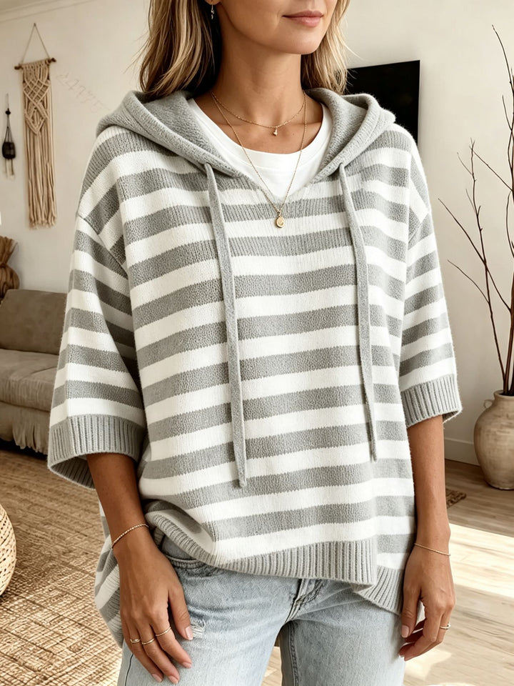 Damen Lässiger gestreifter Kapuzen-Poncho aus weichem Feinstrick mit halblangen Ärmeln Drune