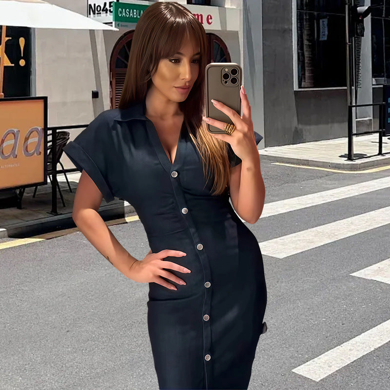 Damen Langarm Kleid mit Knopfverschluss und klassischem Hemdkragen Drune