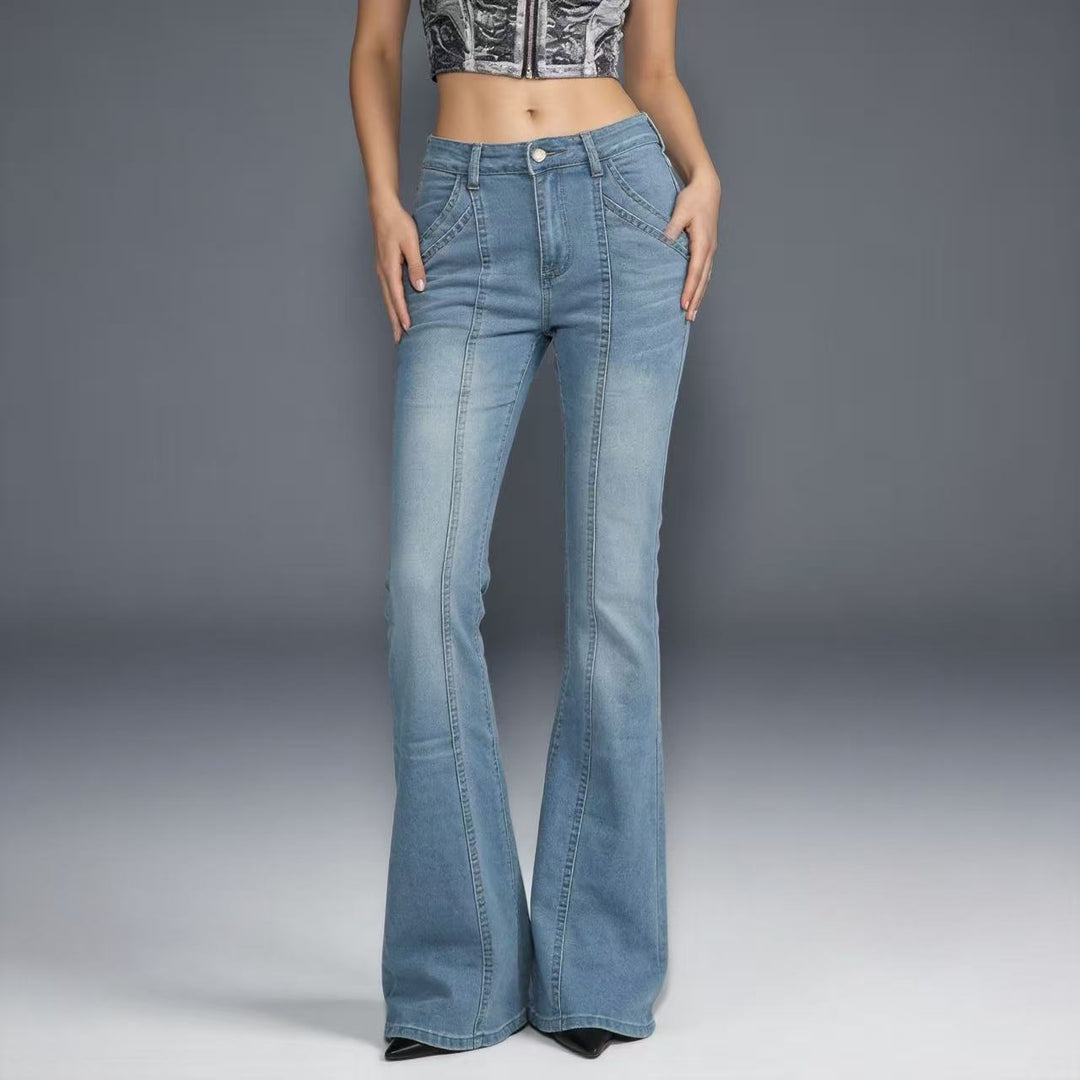 Damen nan hochgeschnittene taillierte Flared-Jeans mit mittiger Nahtführung und figurformender Hüftpartie Drune