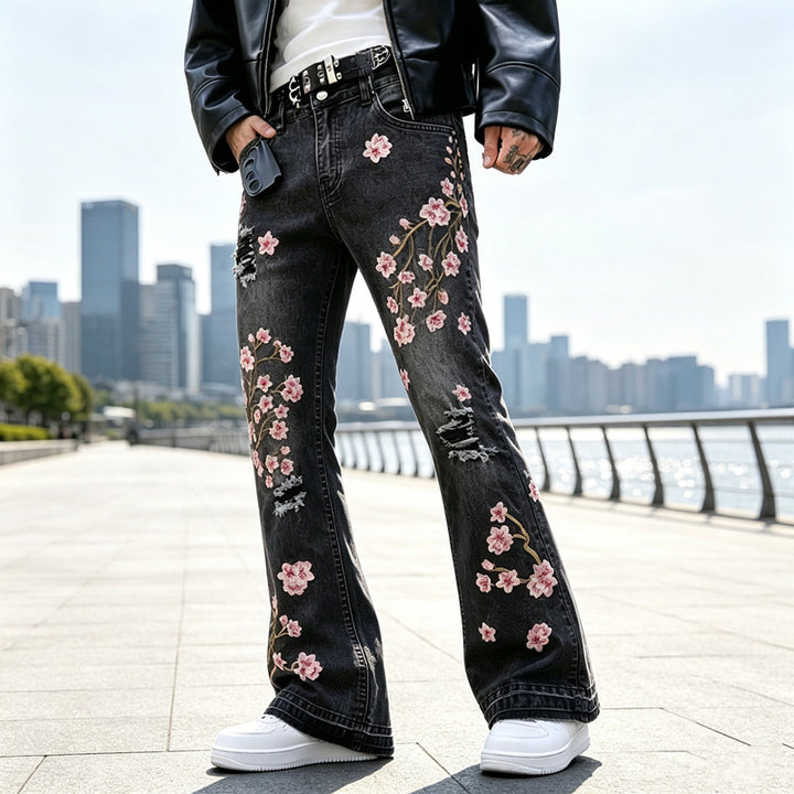 Damen Modische Flared Jeans mit Blumenstickerei Drune