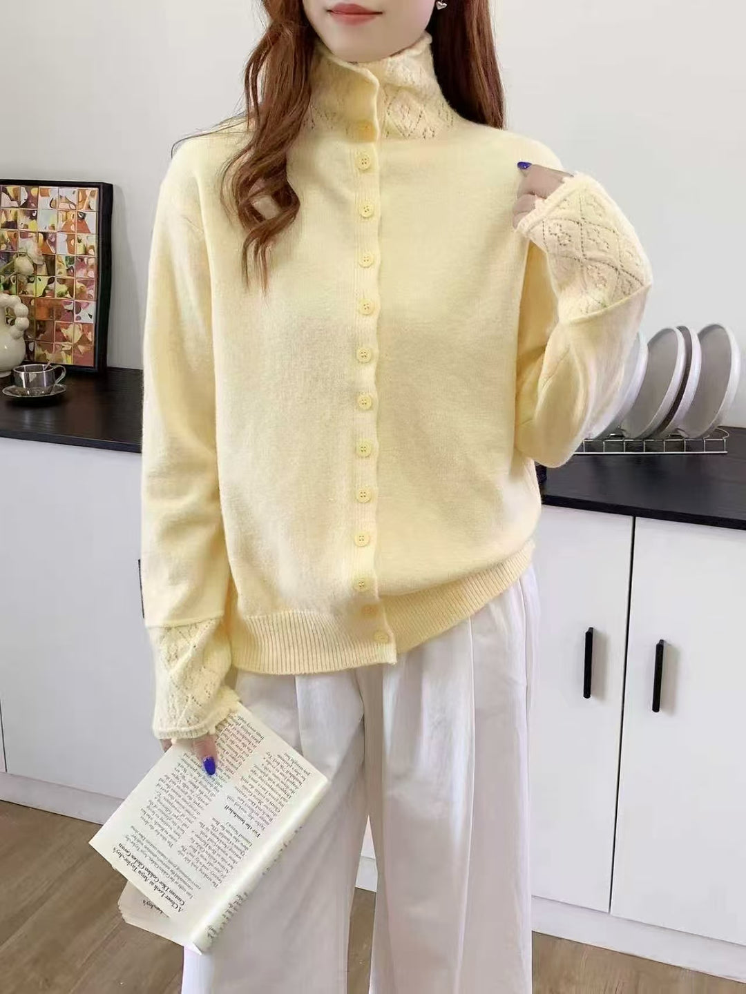 Damen Elegante Strickjacke mit hohen Kragen Drune