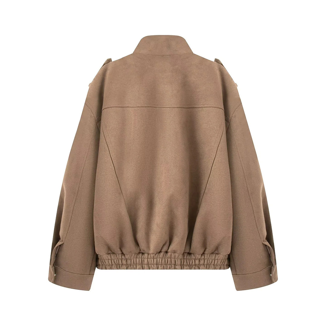 Damen nan kastiger Wollmix-Bomber mit Schulterklappen, Pattentaschen und elastischem Saum Drune