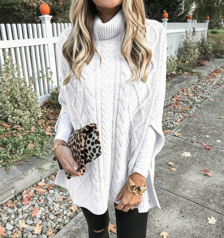 Damen Grobstrick-Poncho mit hohem Kragen und Zopf-Design Drune