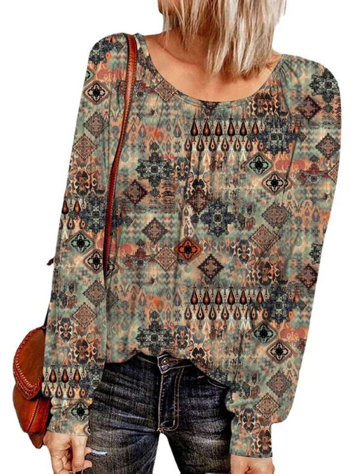 Damen Ethno-Print Oversize-Tunika mit Rundhalsausschnitt und langen Ballonärmeln Drune