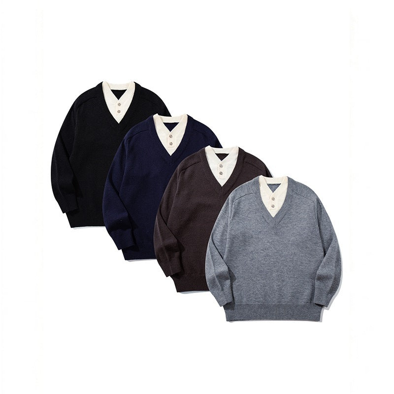 Herren V‑Ausschnitt-Pullover mit integriertem Henley-Kragen Drune
