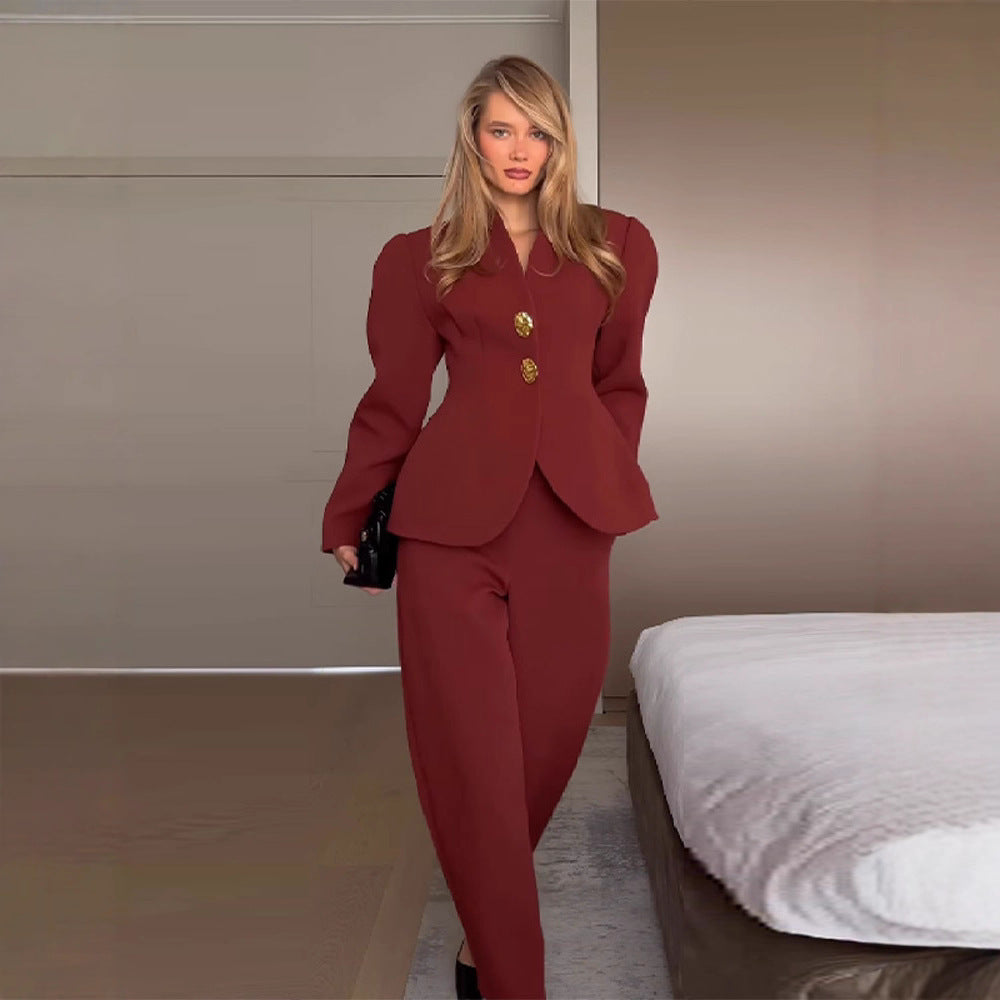 Damen Taillierter Blazer mit Schößchen und weite Hose mit hohem Bund Drune