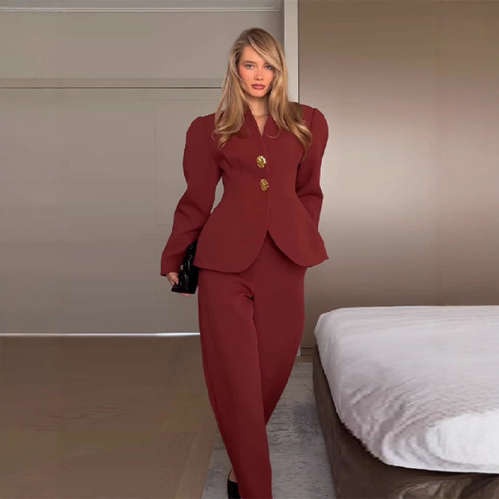 Damen Taillierter Blazer mit Schößchen und weite Hose mit hohem Bund Drune