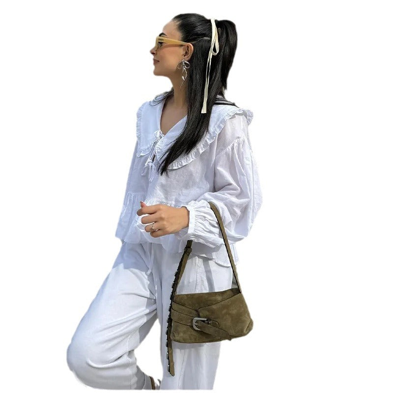 Damen verspielte Bluse mit Rüschensaum und oversized Kragen Drune