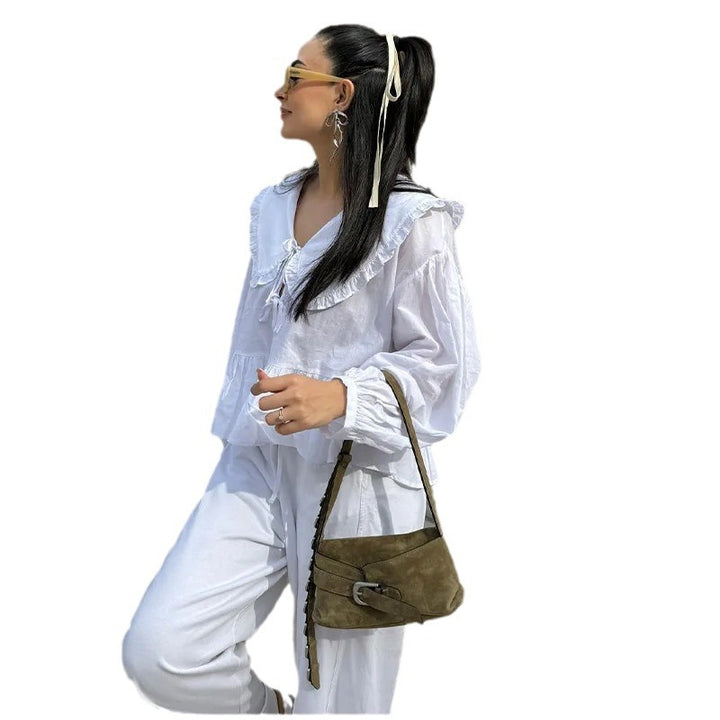Damen verspielte Bluse mit Rüschensaum und oversized Kragen Drune