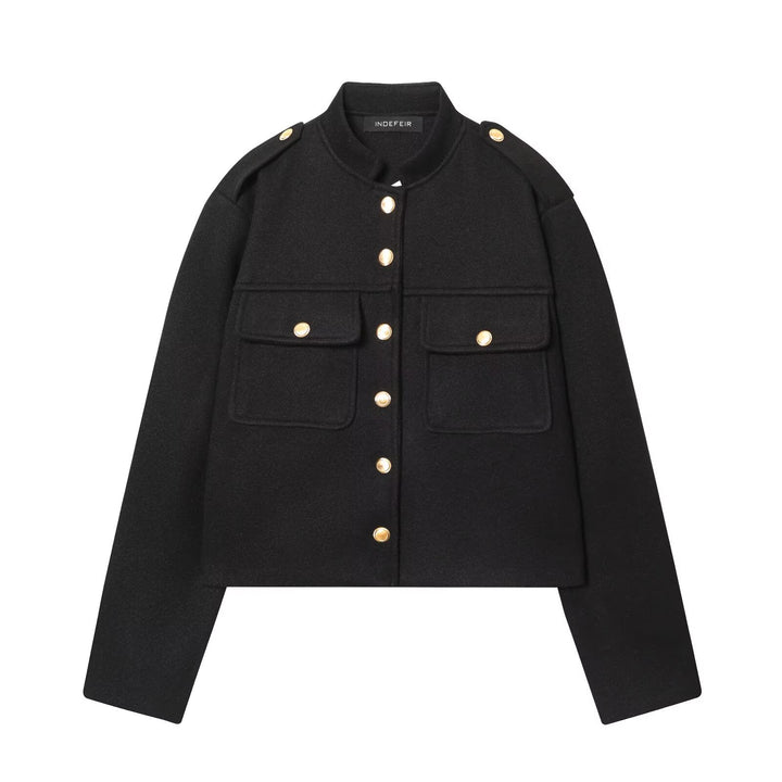 Damen Kurzgeschnittene Military‑Jacke mit Stehkragen, Pattentaschen und Zierknopfleiste Drune