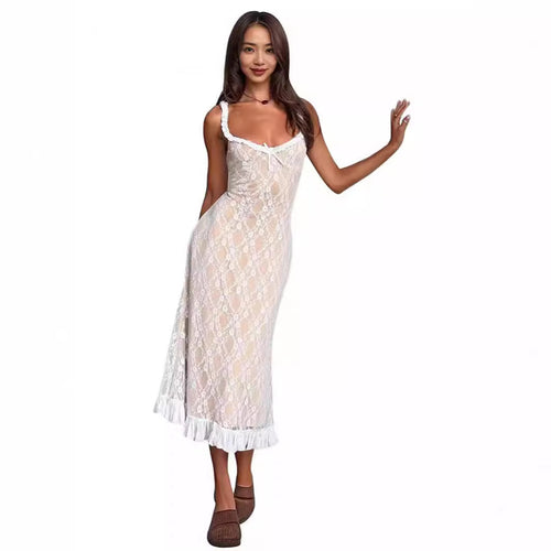 Damen Spitzen-Nachtkleid mit Rüschen und dekorativen Trägern Drune