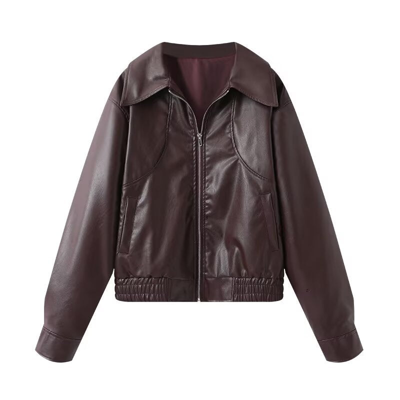Damen Cropped Kunstleder-Bomberjacke mit übergroßem Hemdkragen und elastischem Saum Drune