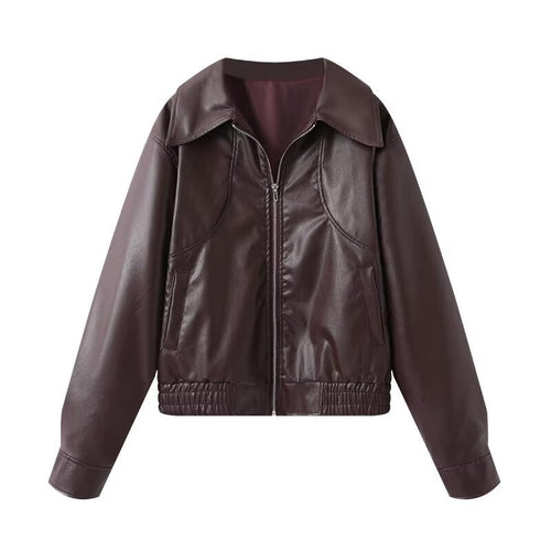 Damen Cropped Kunstleder-Bomberjacke mit übergroßem Hemdkragen und elastischem Saum Drune