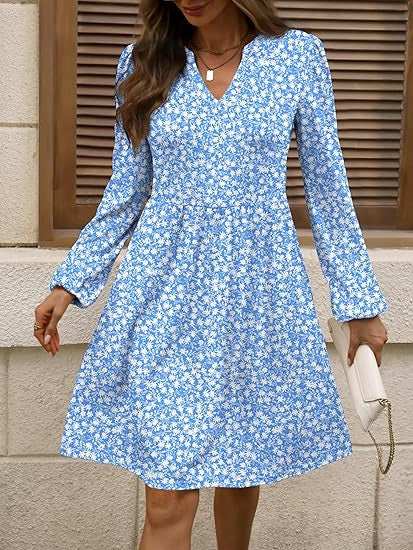 Damen Polka‑Dot A‑Linien Kleid mit V‑Ausschnitt und Taillennaht Drune