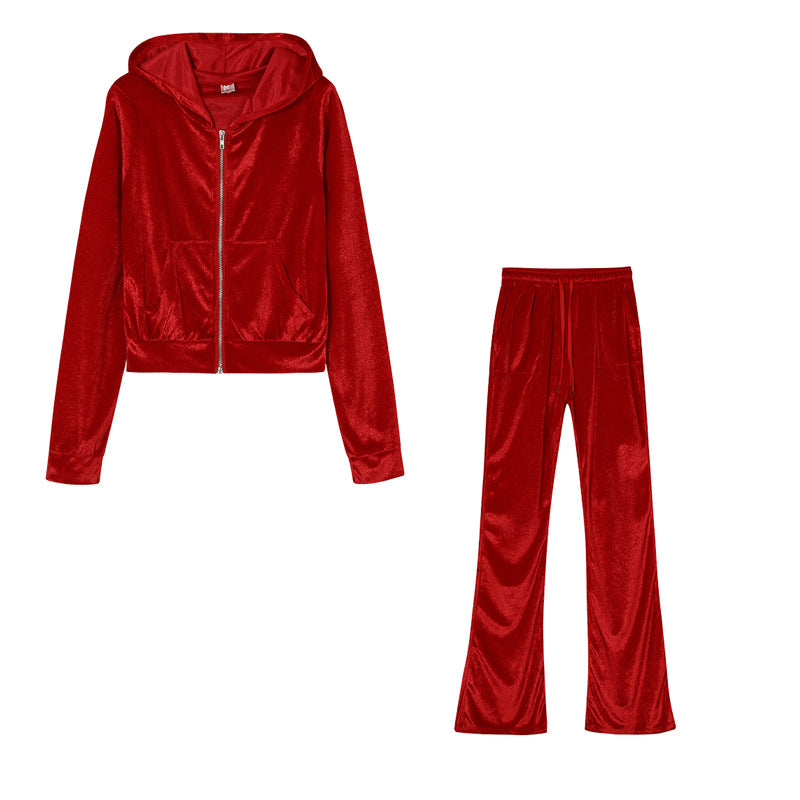 Damen Sportliches Set aus samtiger Kapuzenjacke und weiten Jogginghosen Drune