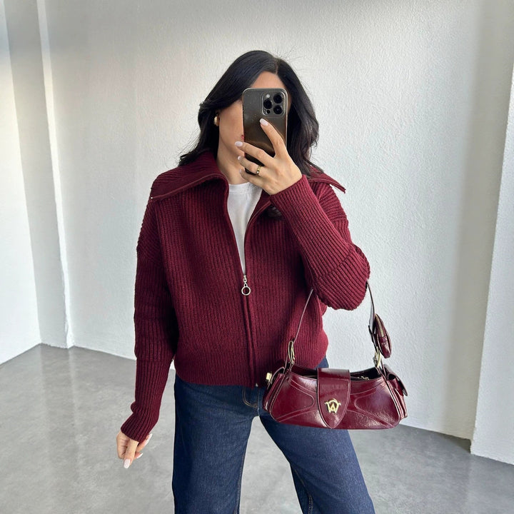 Damen Oversize Strickjacke mit Reißverschluss und hohem Kragen Drune