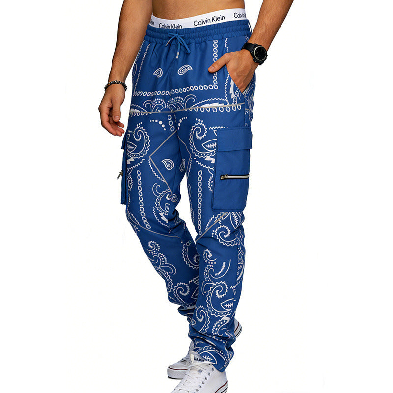 Herren nan Cargo-Jogginghose mit Paisley-Muster, elastischem Bund, multiple Reißverschluss- und Klappentaschen Drune