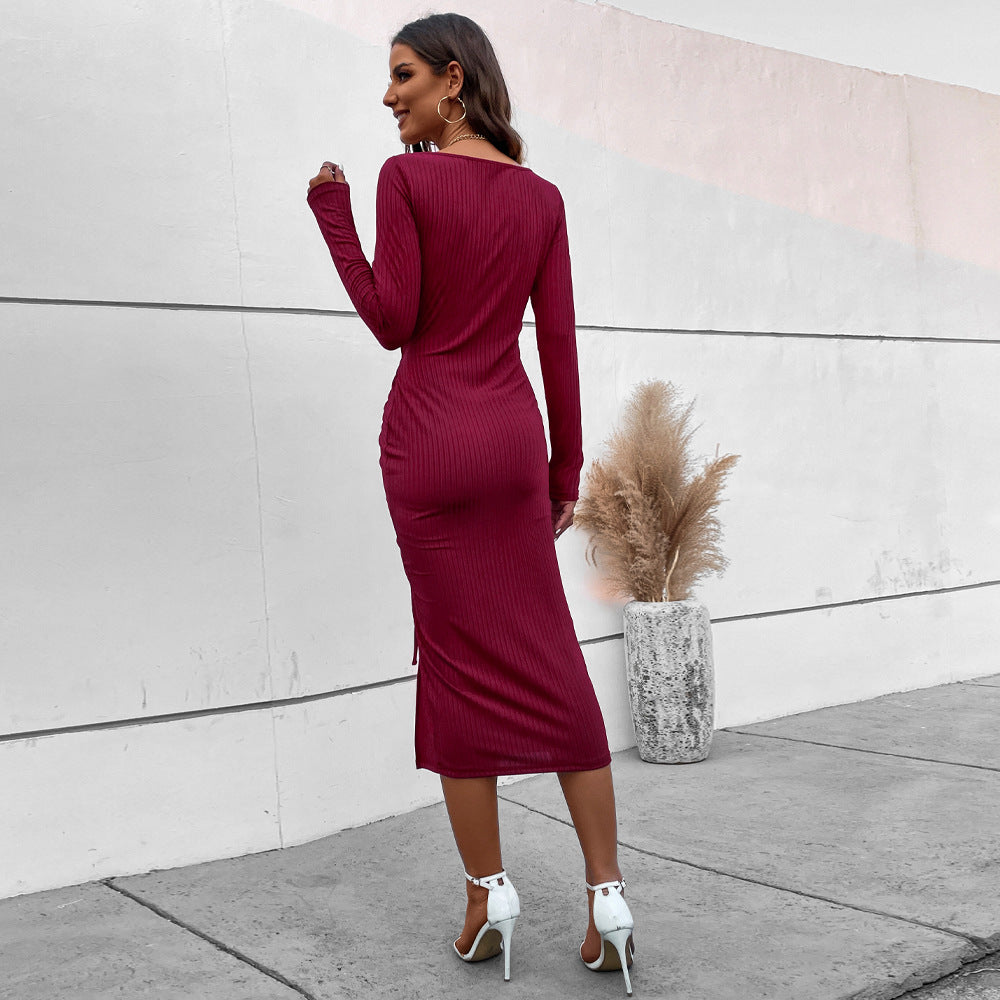 Damen gerafftes Midikleid mit quadratischem Ausschnitt, Knopfleiste und seitlicher Tunnelzug-Schnürung Drune