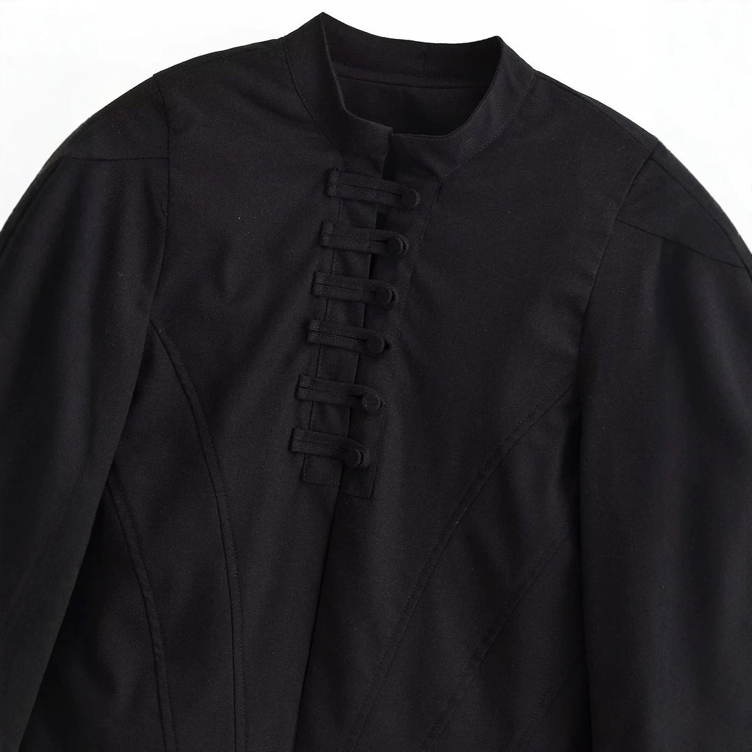 Damen Kurze Taillierte Blousonjacke mit Stehkragen, dekorativen Schlaufen und Teilungsnähten Drune
