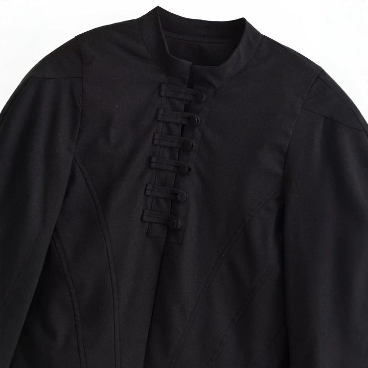 Damen Kurze Taillierte Blousonjacke mit Stehkragen, dekorativen Schlaufen und Teilungsnähten Drune
